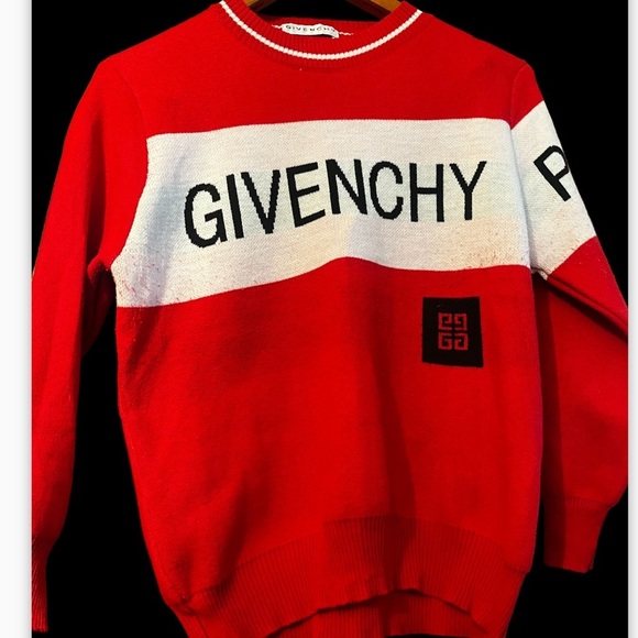Vintage Givenchy Paris Red and White Logo Crewneck Sweater Sz Small Distressed. - Picture 2 of 7
